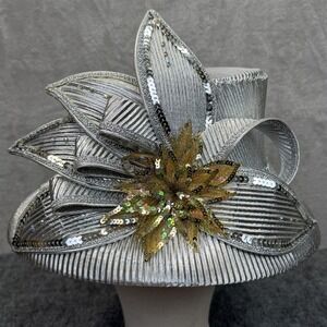 VTG Ms Divine Hat Womens Silver Pleated Sequin Wide Brim Derby Church Wedding